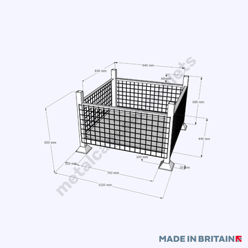 Measurements of stillage with mesh sides which is popular nationwide across a range of industries including logistics, petrochemical and nuclear